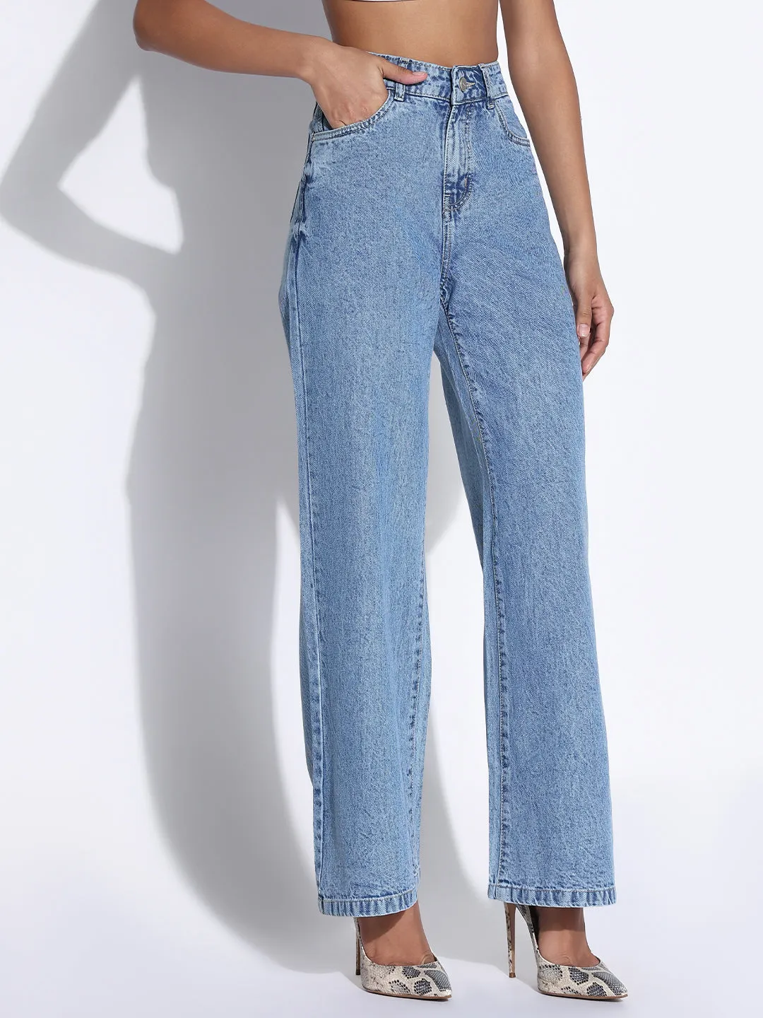 Non Toxic Textile Certified Modern Minimalist Creative Look Home Comfort Women's Solid Blue Wide Leg Jeans