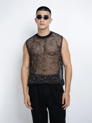 Luxurious Men's Black Sleeveless Round Neck Relaxed Fit Mesh T-Shirt
