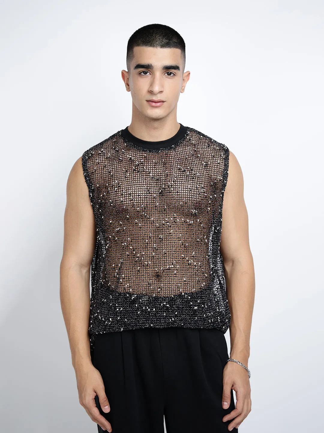 Leisure Wear Men's Black Sleeveless Round Neck Relaxed Fit Mesh T-Shirt