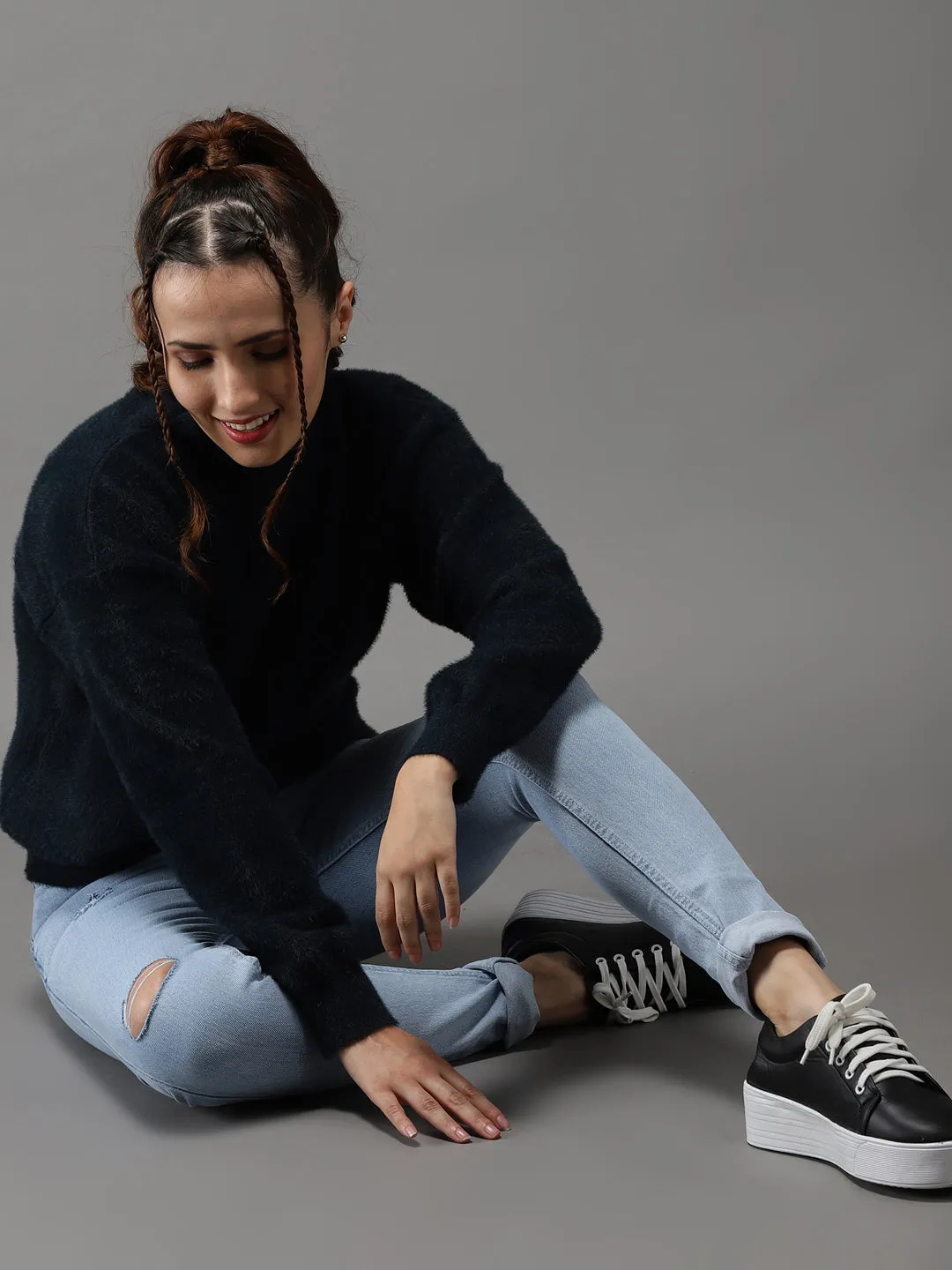 Women's Blue Solid Pullover Sweater Light Reflective Trims