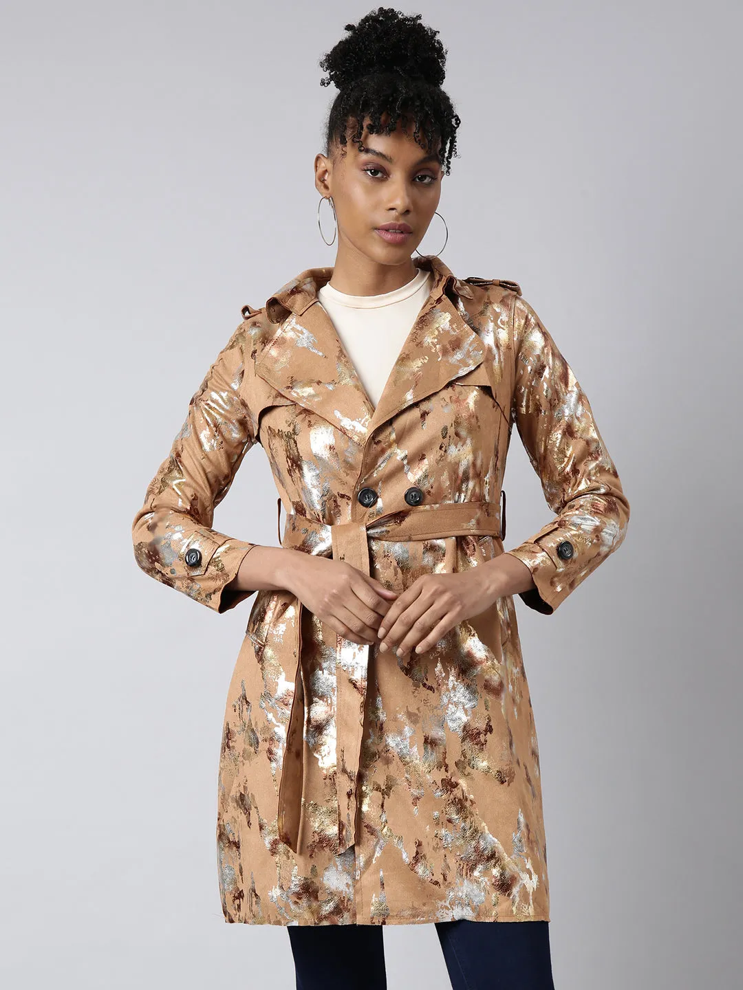 Everyday Urban Style Women's Camel Brown Abstract Printed Longline Trench Coat