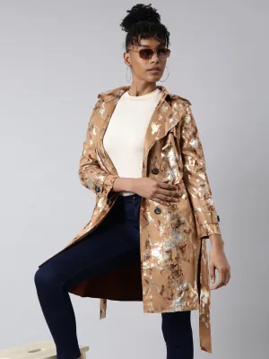 Women's Camel Brown Abstract Printed Longline Trench Coat CompressionResistant