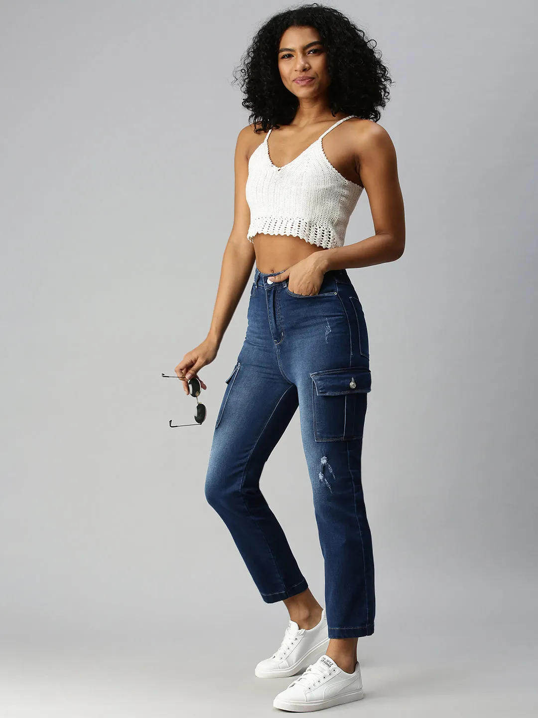 Go-To Basic Sustainable Trend Setter Versatile Women's Blue Straight Fit High-Rise Low Distress Light Fade Stretchable Jeans