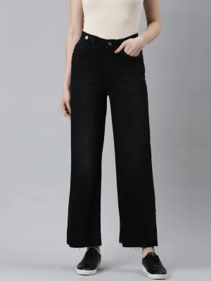 Women's Black High-Rise Wide Leg Non Denim Cotton Jeans Organic Cotton Material Soft Wash Treatment