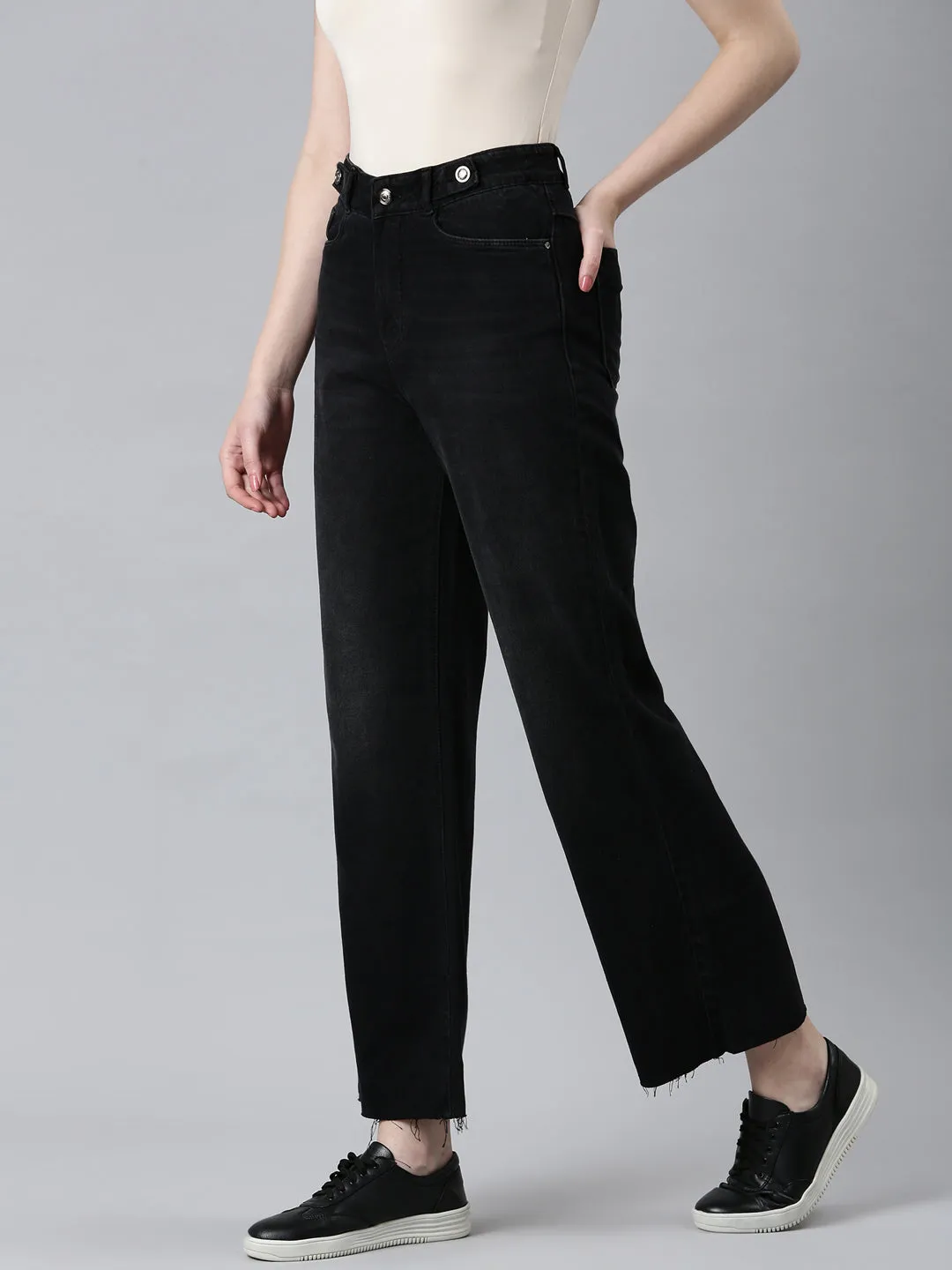 Stretch Denim Technology Women's Black High-Rise Wide Leg Non Denim Cotton Jeans