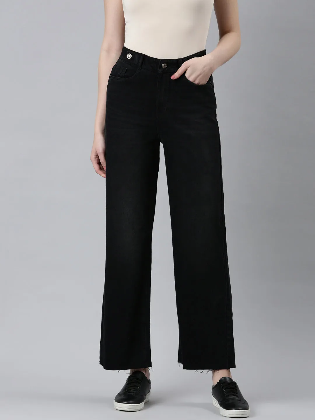 Women's Black High-Rise Wide Leg Non Denim Cotton Jeans Organic Cotton Material Soft Wash Treatment
