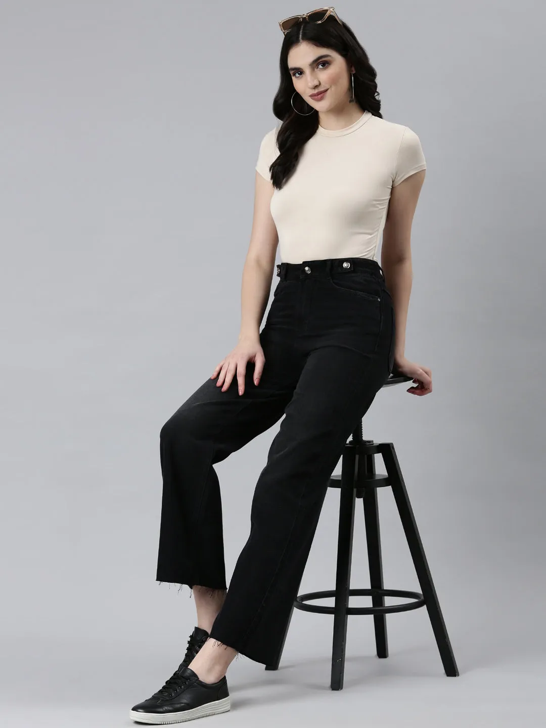 Women's Black High-Rise Wide Leg Non Denim Cotton Jeans Quality Basic
