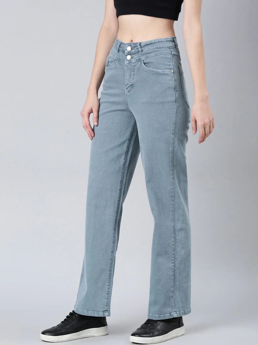 No Gap Waist Design Women's Grey Wide Leg Stretchable Denim Jeans