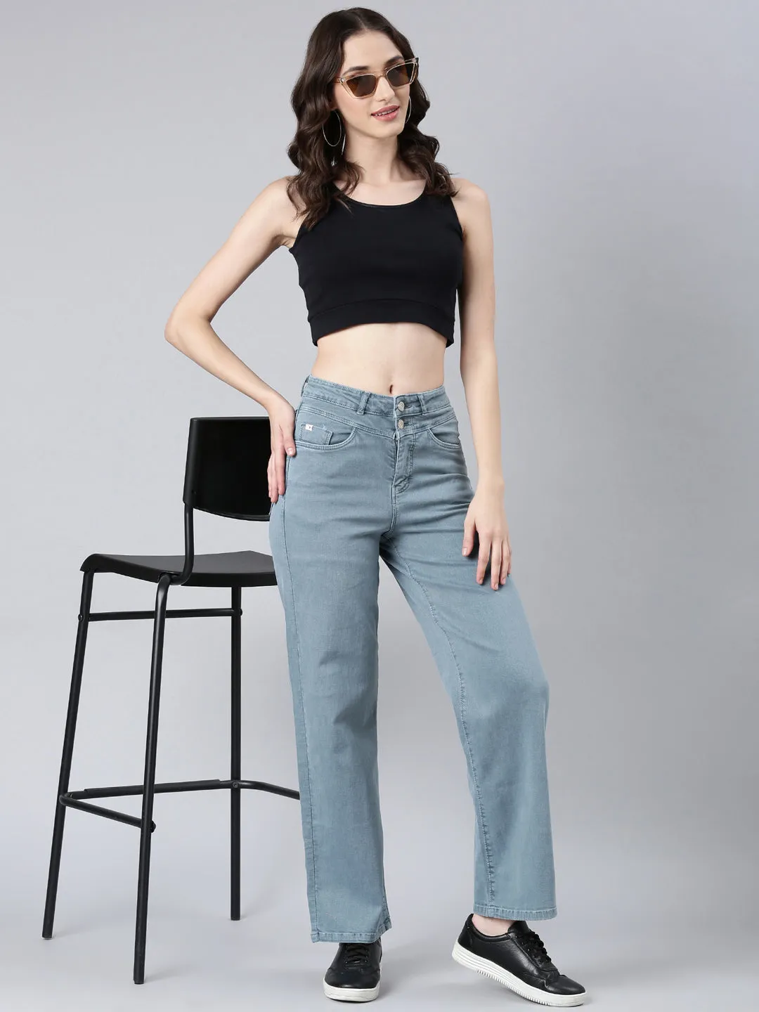 Women's Grey Wide Leg Stretchable Denim Jeans Trendy Fit Stylish Silhouette