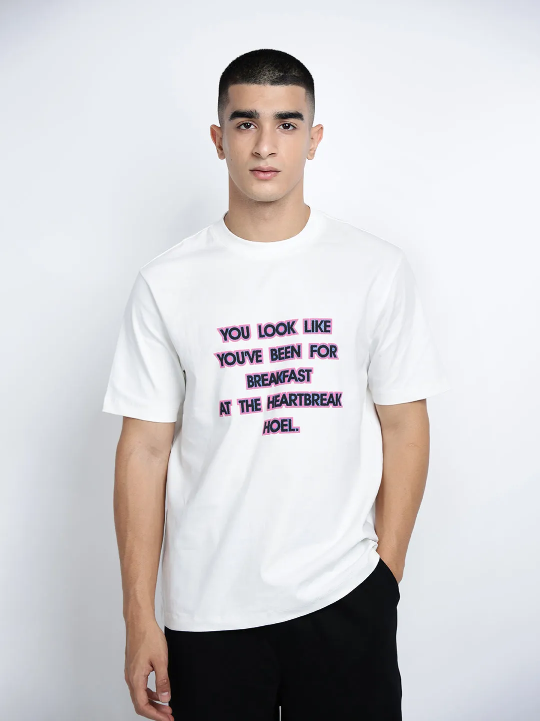 Men's Typography White Short Sleeves Round Neck Relaxed Fit T-Shirt Relaxed Wear Fit