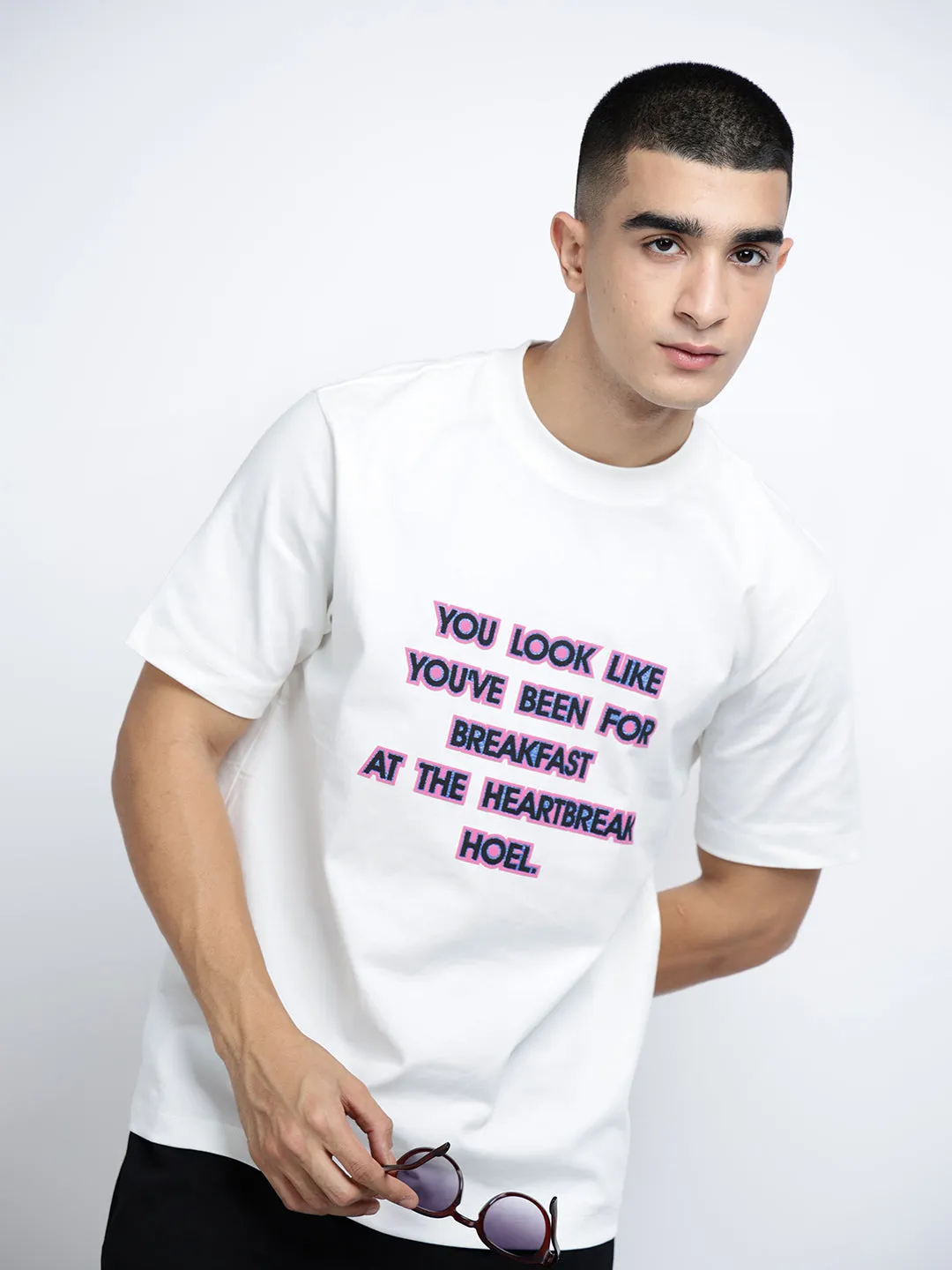 Roomy Design Men's Typography White Short Sleeves Round Neck Relaxed Fit T-Shirt