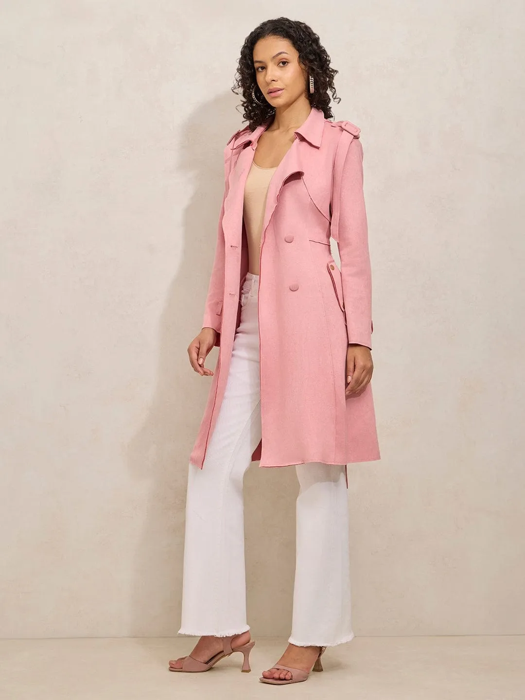 Easy Clean Material Women's Pink Trench Coat with Shoulder Flaps and Belt