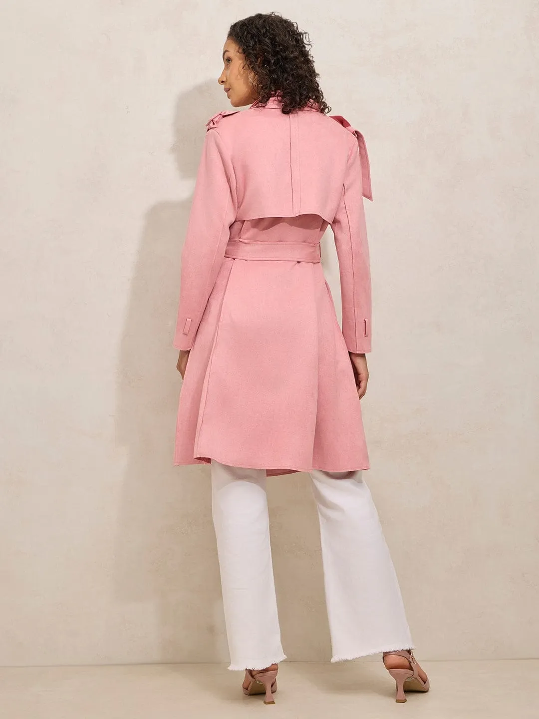 Women's Pink Trench Coat with Shoulder Flaps and Belt HighCollarDesign Easy Wear