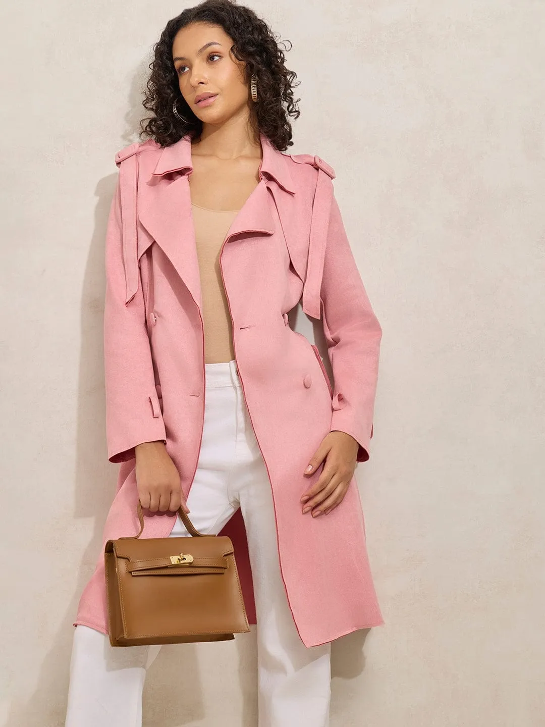 Waist String Women's Pink Trench Coat with Shoulder Flaps and Belt