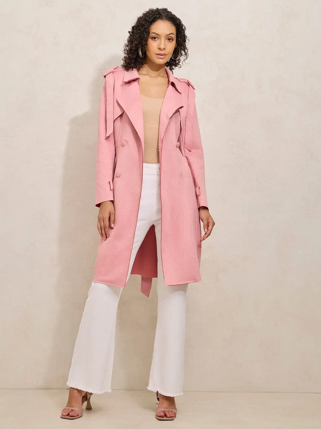 Gloss Free Texture Women's Pink Trench Coat with Shoulder Flaps and Belt