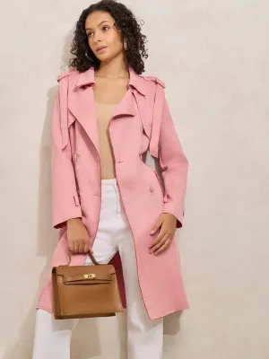 Waist String Women's Pink Trench Coat with Shoulder Flaps and Belt
