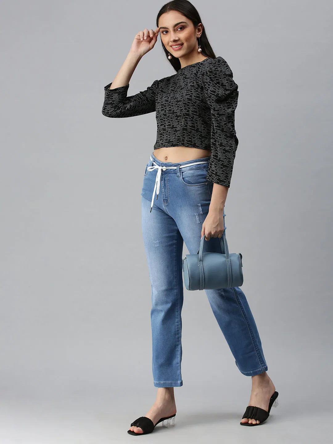 Stretch Holiday Vibes Streetwear Fan Daily Basic Women's Blue Straight Fit High-Rise Light Fade Stretchable Jeans