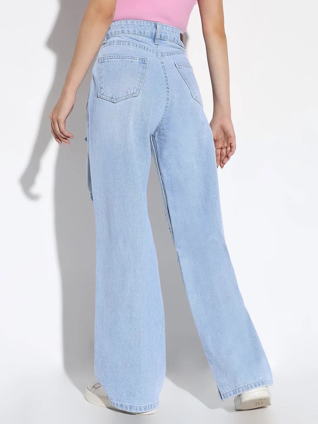 Cool Texture Women's Blue Comfort Wide Leg Highly Distressed Light Fade Denim Jeans