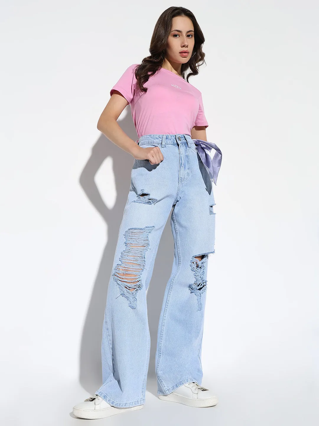 Women's Blue Comfort Wide Leg Highly Distressed Light Fade Denim Jeans Casual Style