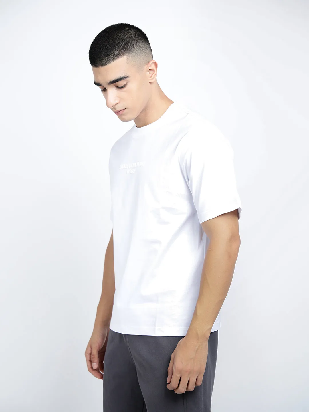 Fashionable Men's Typography White Short Sleeves Round Neck Relaxed Fit T-Shirt