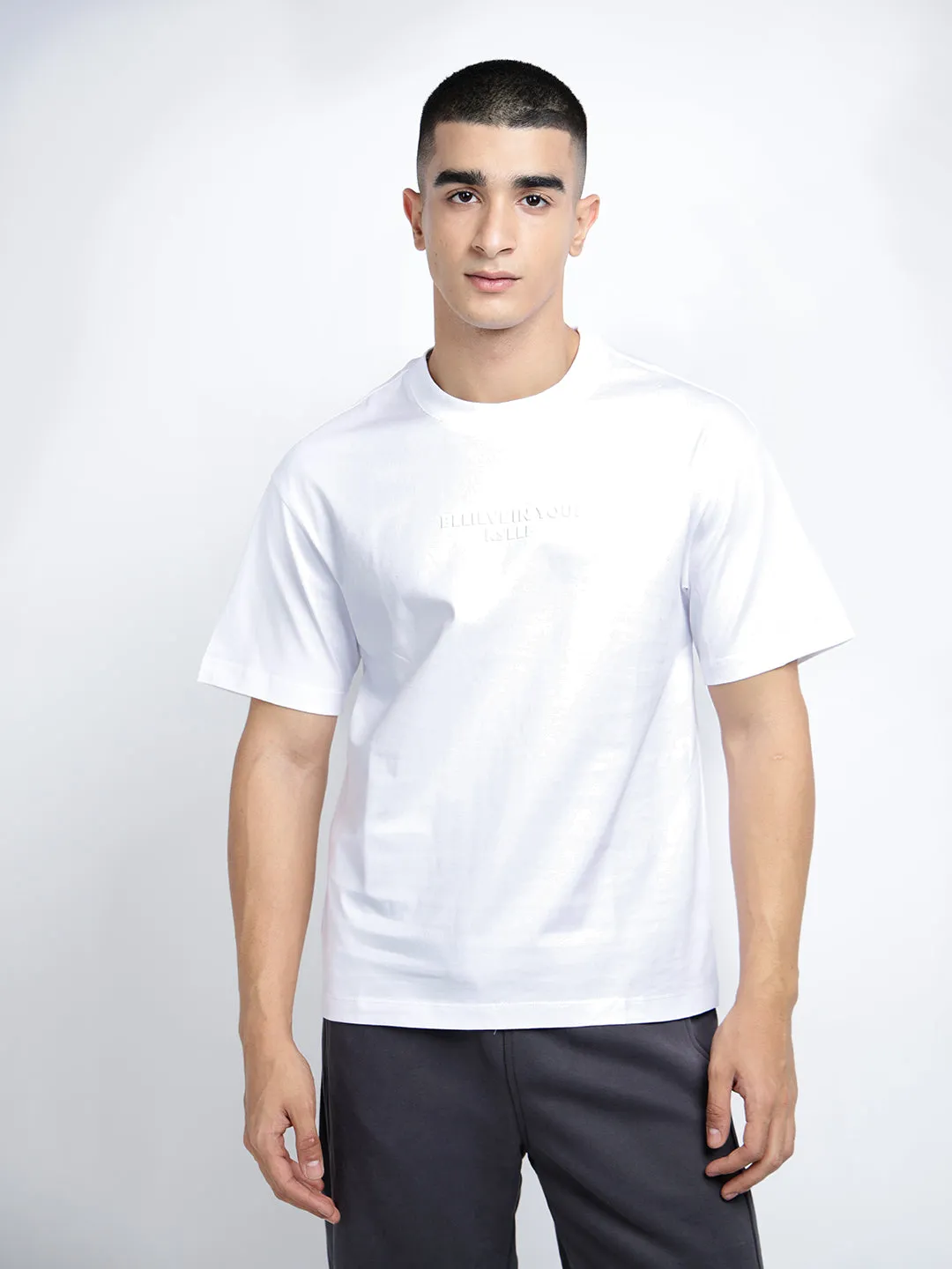 Performance Stretch Men's Typography White Short Sleeves Round Neck Relaxed Fit T-Shirt