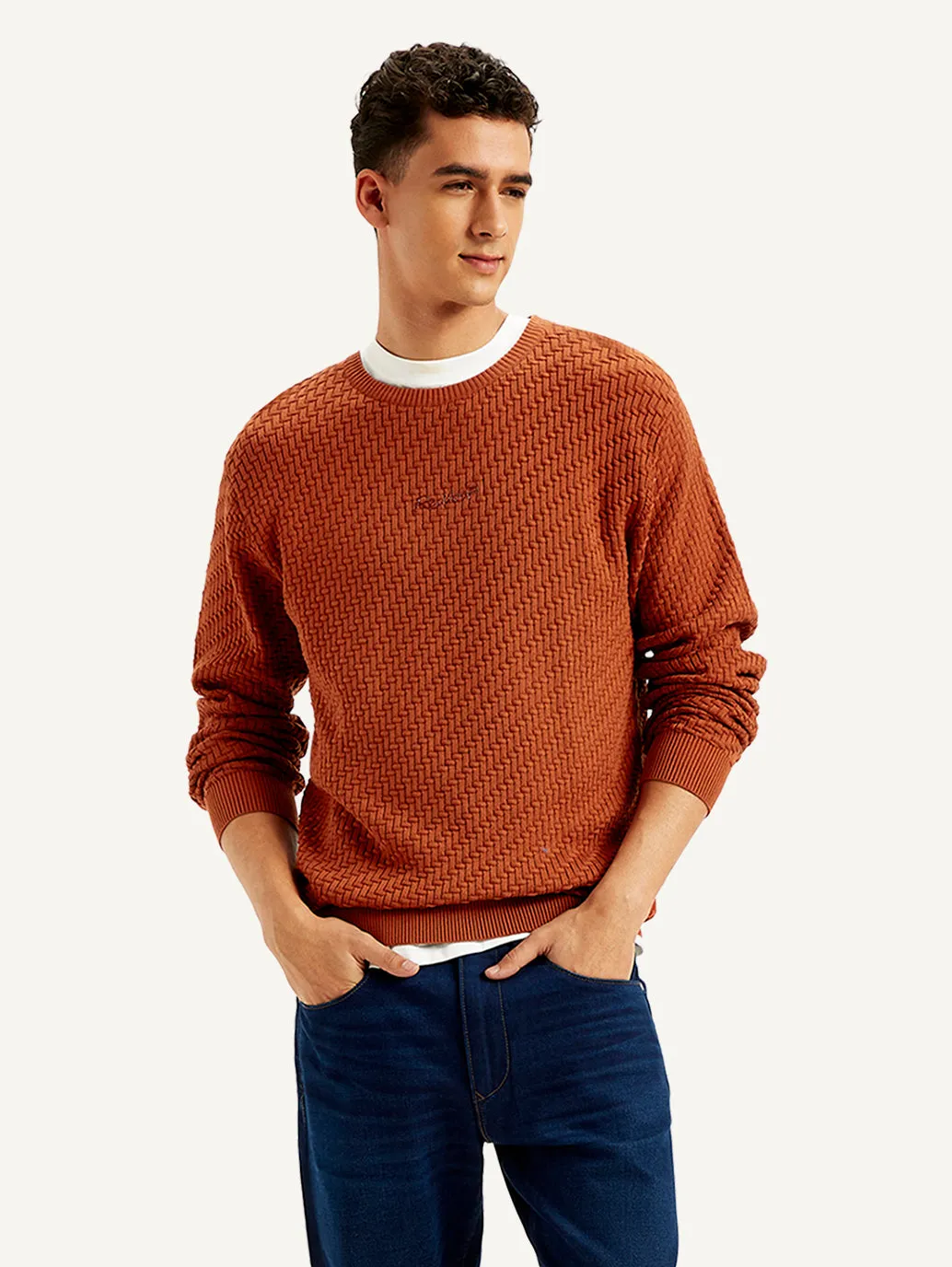 Men's Redloop Textured Rust Crew Neck Sweater Zigzag Stitch Detail Wrinkle resistant fabric