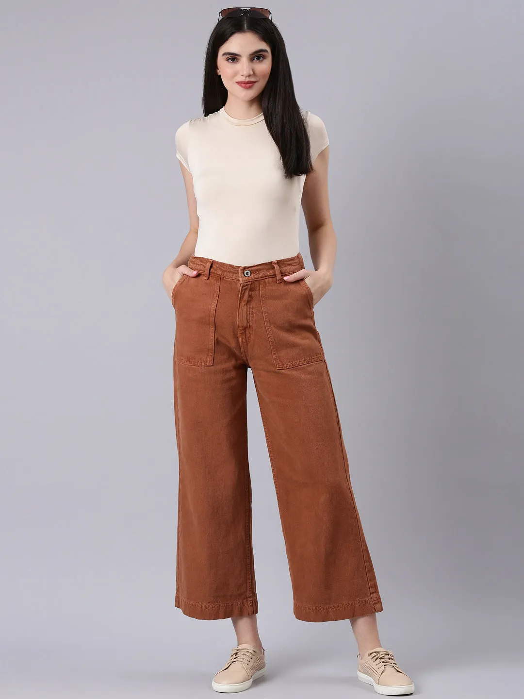 Tailored Waistband Women's Rust Wide Leg Acid Wash Denim Jeans