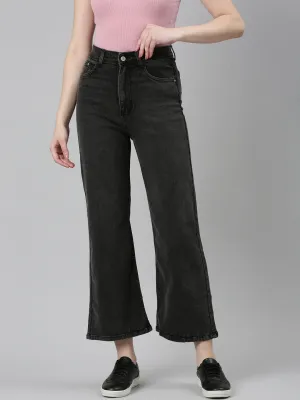 Women's Dark Grey Wide Leg Mid-Rise Cropped Denim Jeans General Option Sleek Waist