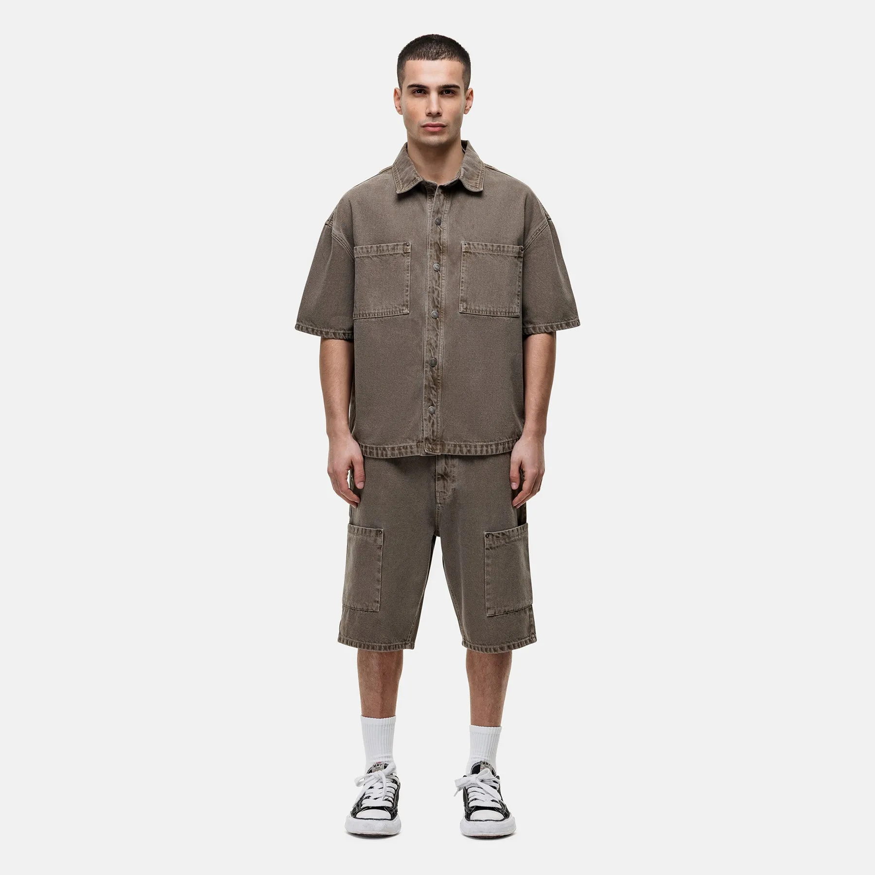Washed Taupe Denim Overshirt Stretch Panels