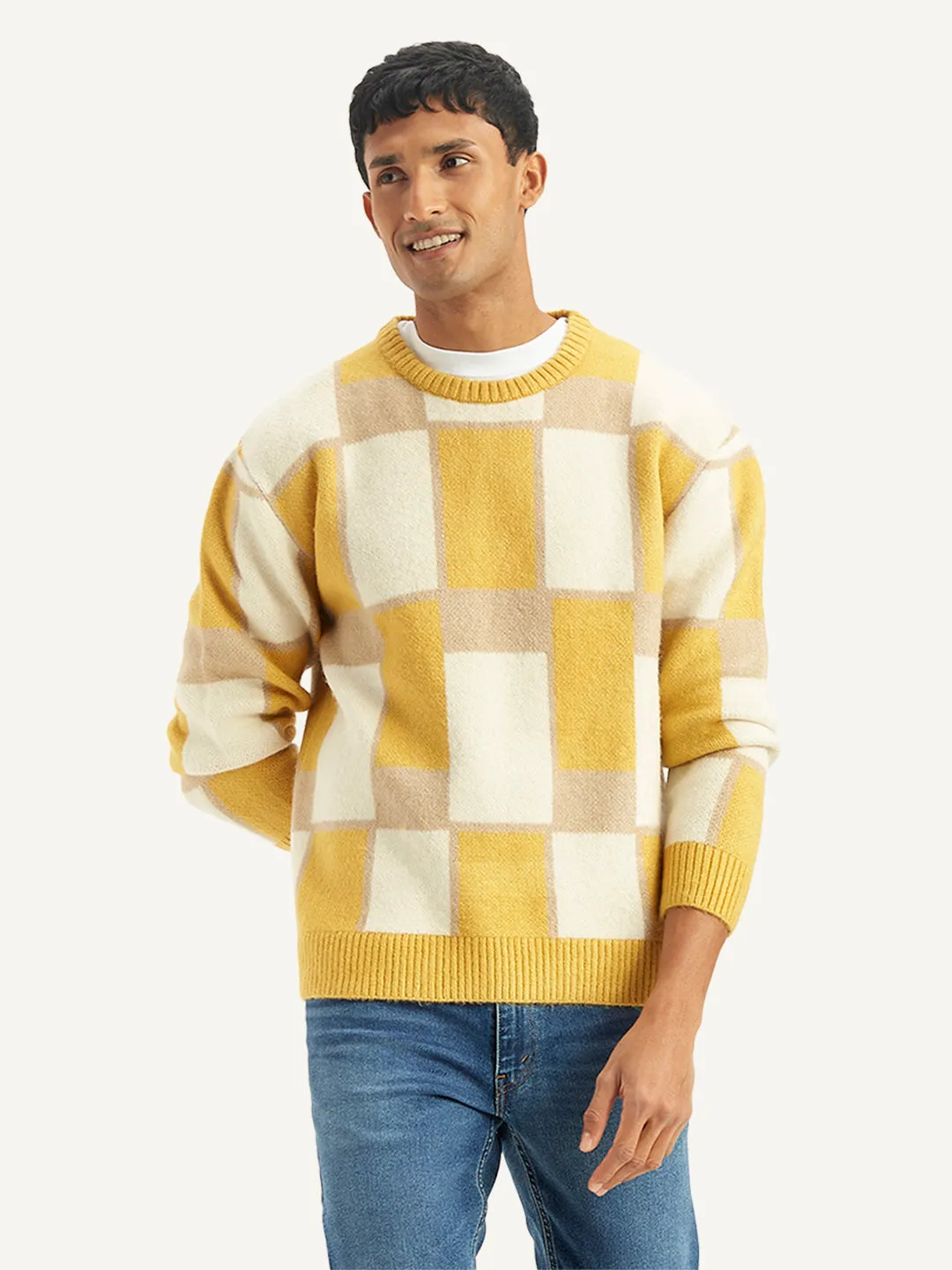 Men's Geometric Yellow Crew Neck Sweater Weight Distribution Tech TemperatureRegulating Fabric