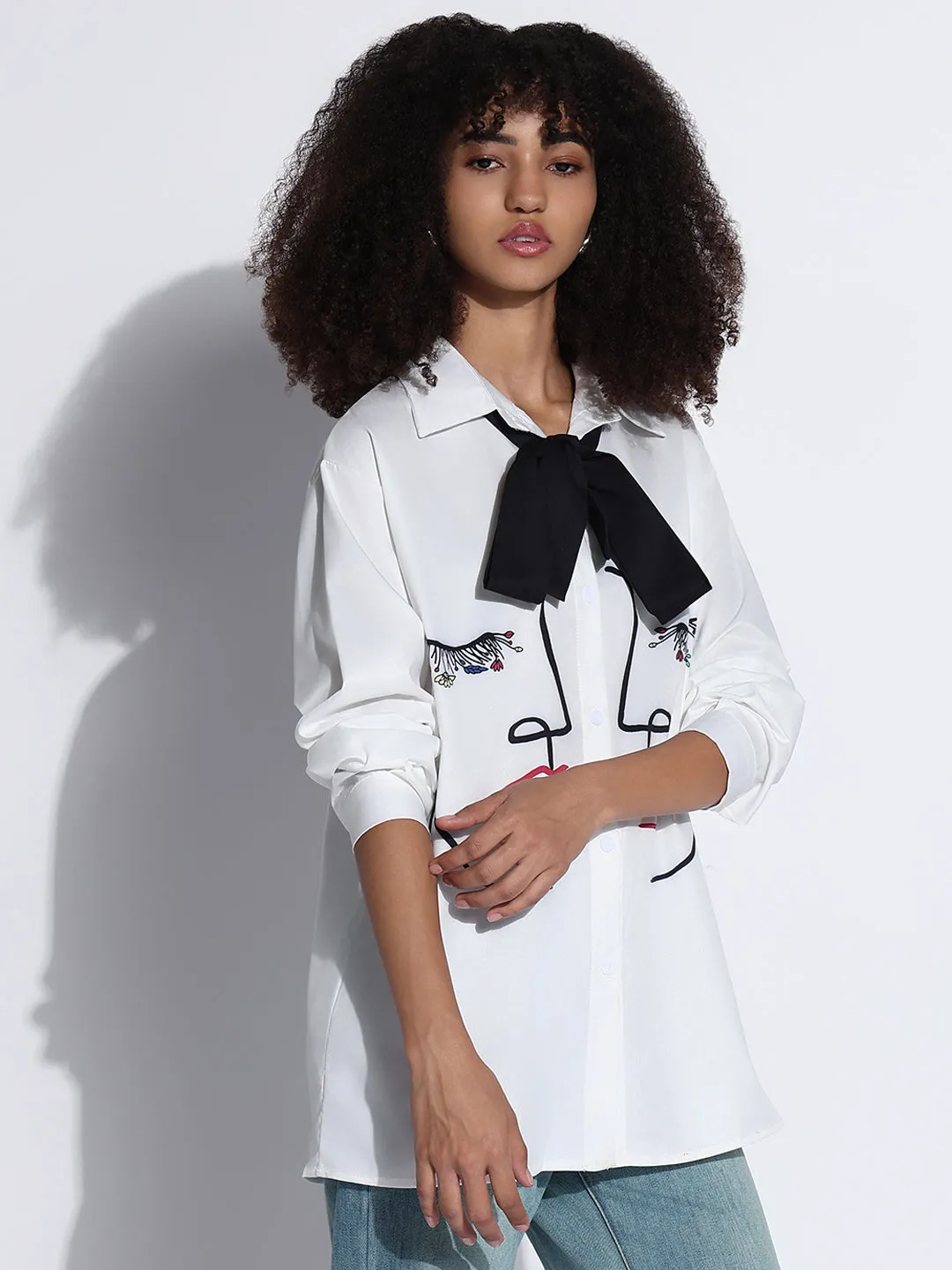 Women's Graphic White Oversized Shirt with Tie Lightweight Fabric Basic Layer