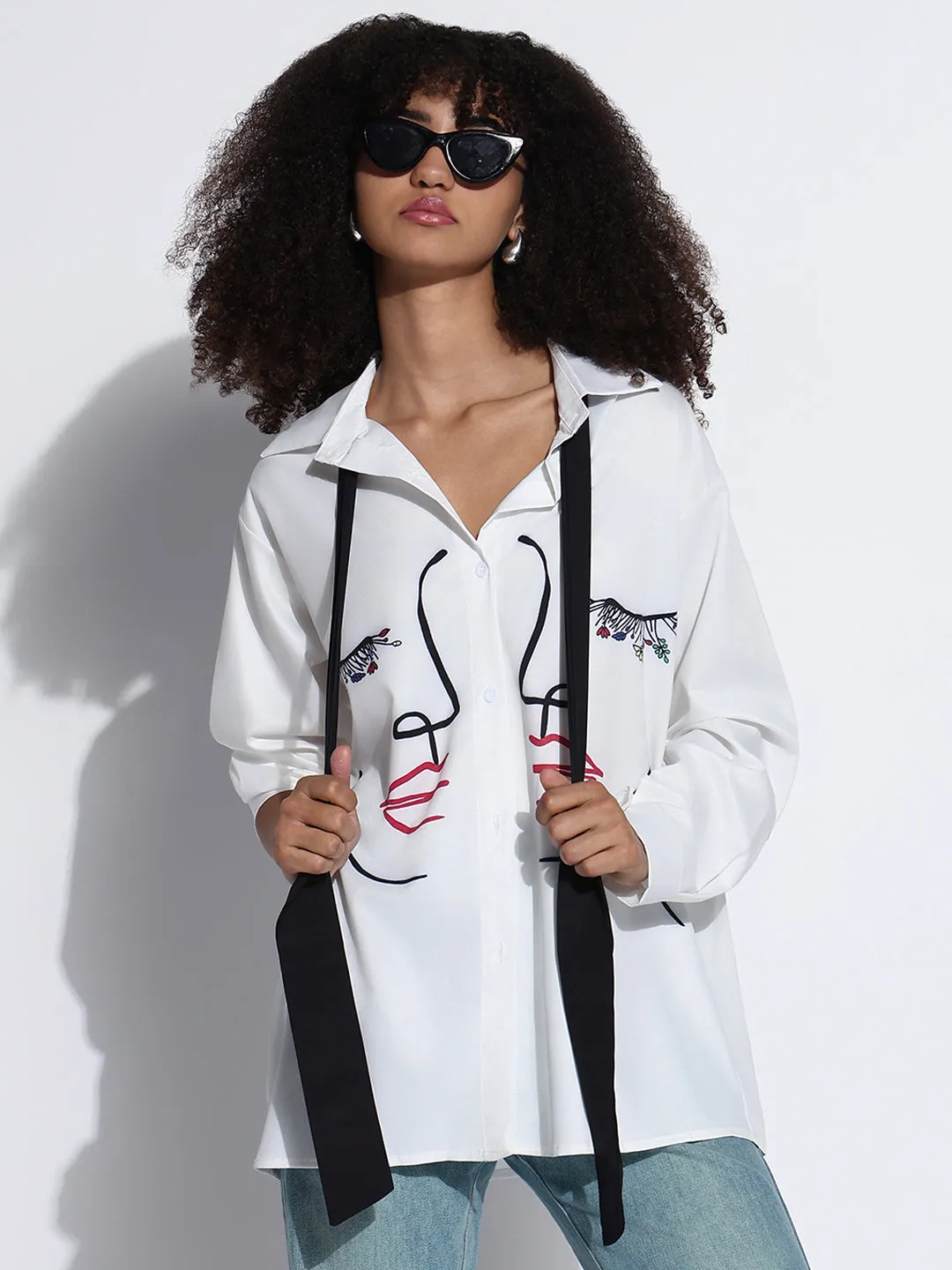 Fit For All Day Women's Graphic White Oversized Shirt with Tie