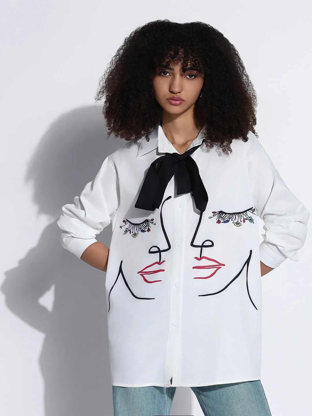 Fashionable Look Women's Graphic White Oversized Shirt with Tie