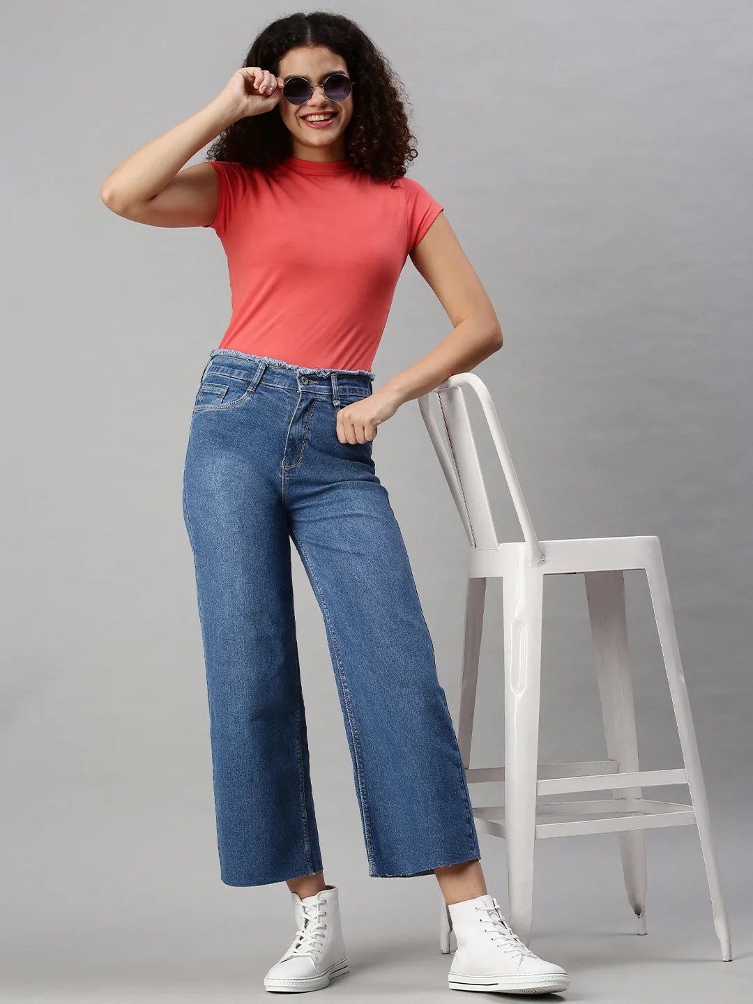Modern Casual Sharp Edge Women's Blue Wide Leg High-Rise Clean Look Stretchable Jeans with Belt Loops
