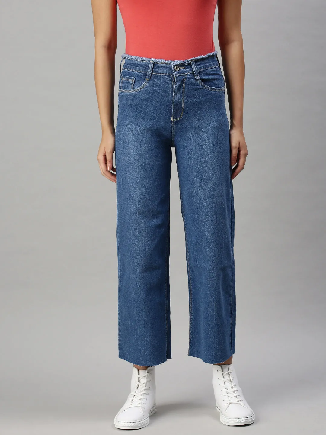 Layered Look Daily Favorite Women's Blue Wide Leg High-Rise Clean Look Stretchable Jeans with Belt Loops