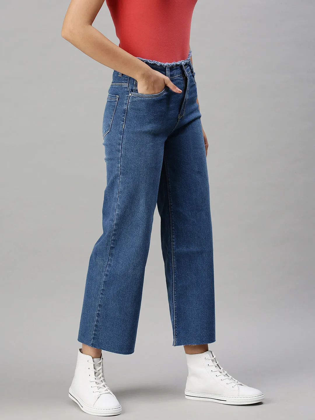 Women's Blue Wide Leg High-Rise Clean Look Stretchable Jeans with Belt Loops Affordable Outdoor Adventure Artist Vibe