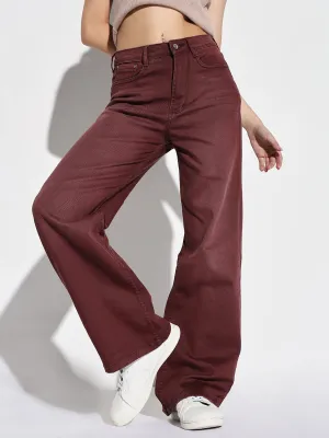 Timeless Choice Women's Maroon Comfort High-Rise Wide Leg Light Fade Stretchable Jeans