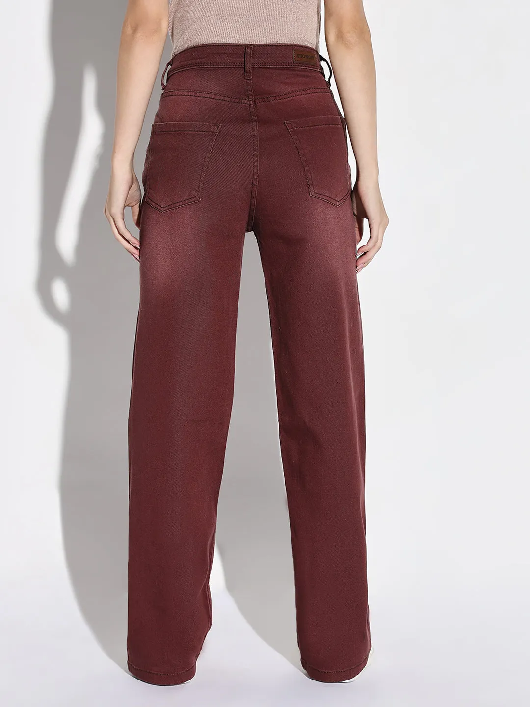 Basic Style Reliable Choice Women's Maroon Comfort High-Rise Wide Leg Light Fade Stretchable Jeans
