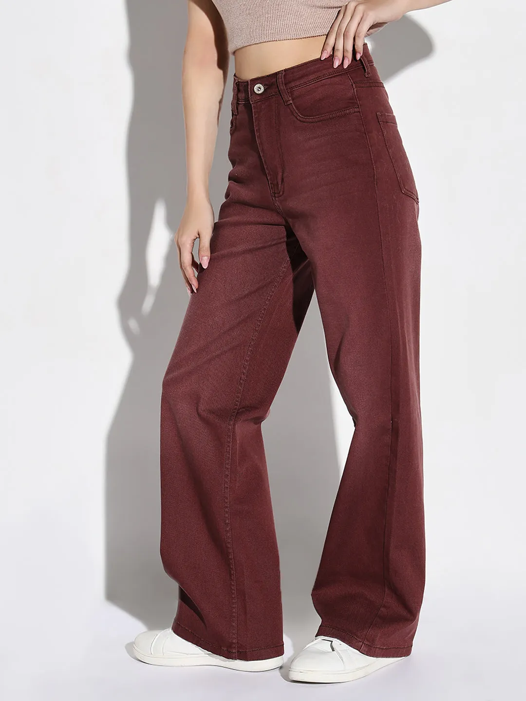 Women's Maroon Comfort High-Rise Wide Leg Light Fade Stretchable Jeans Trusted Outfit