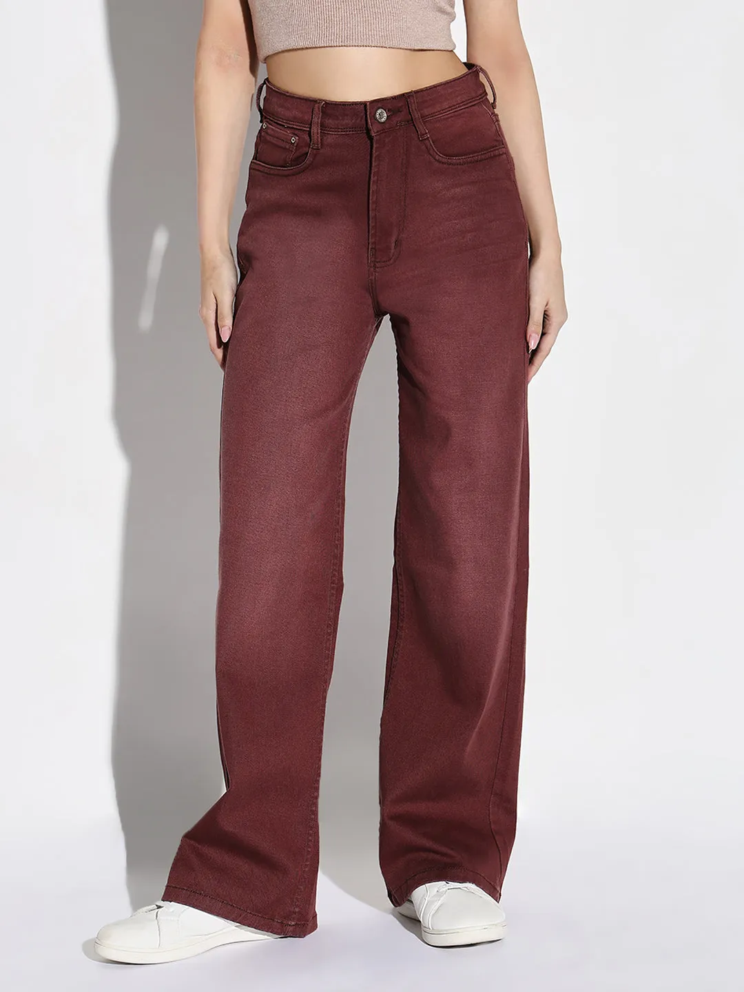 Comfortable Edge Artist Vibe Everyday Women's Maroon Comfort High-Rise Wide Leg Light Fade Stretchable Jeans