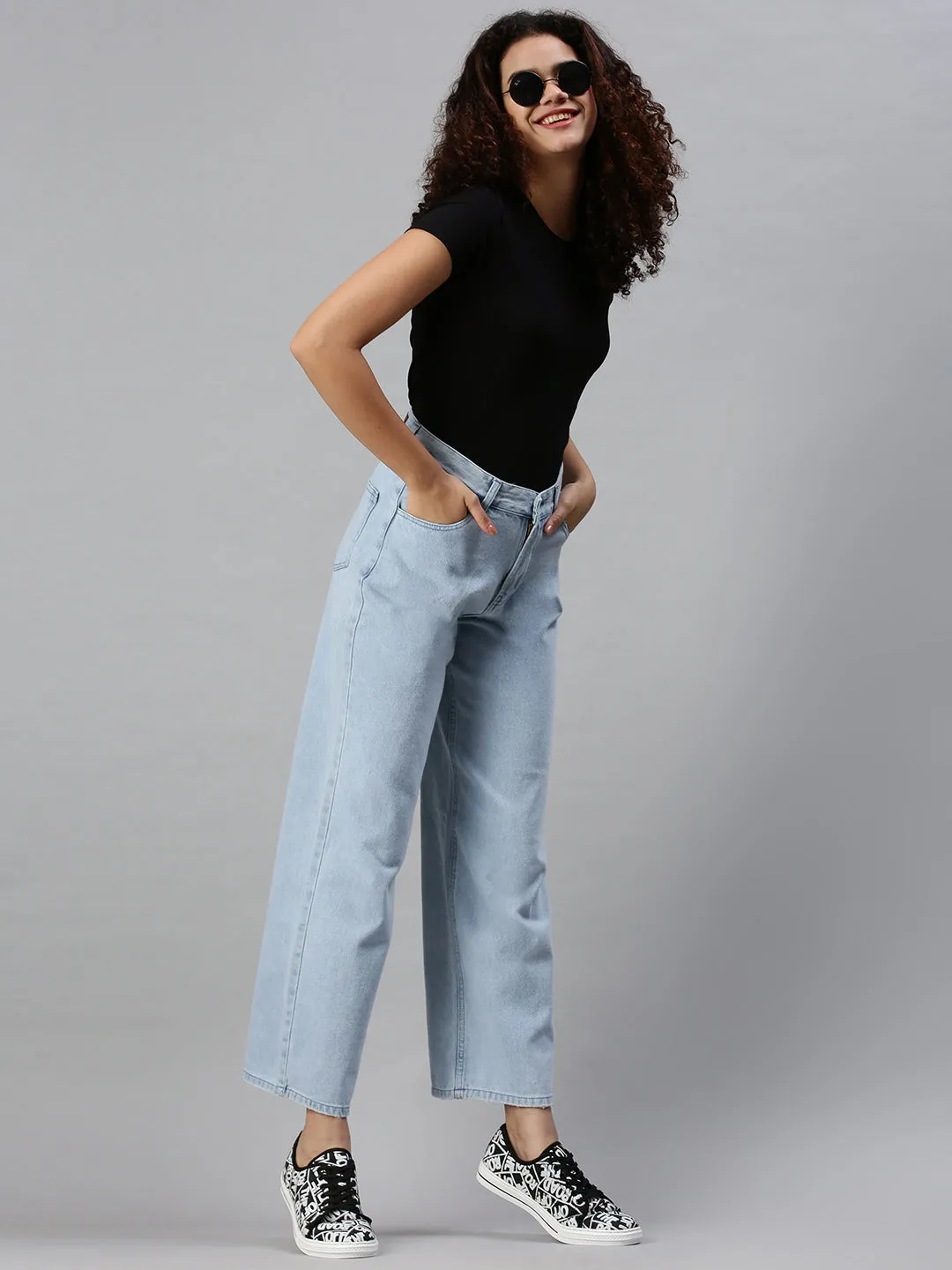 Women's Blue Cotton Wide Leg High-Rise Clean Look Jeans Style Layer
