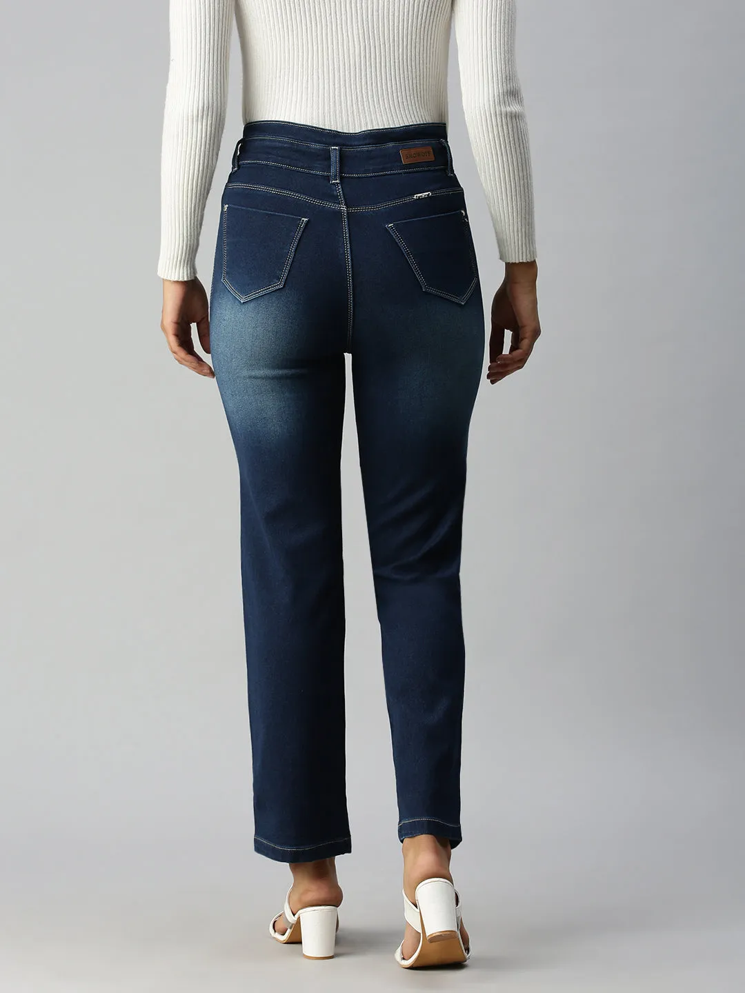 Women's Blue Straight Fit High-Rise Mildly Distressed Heavy Fade Stretchable Jeans Breathable fabric