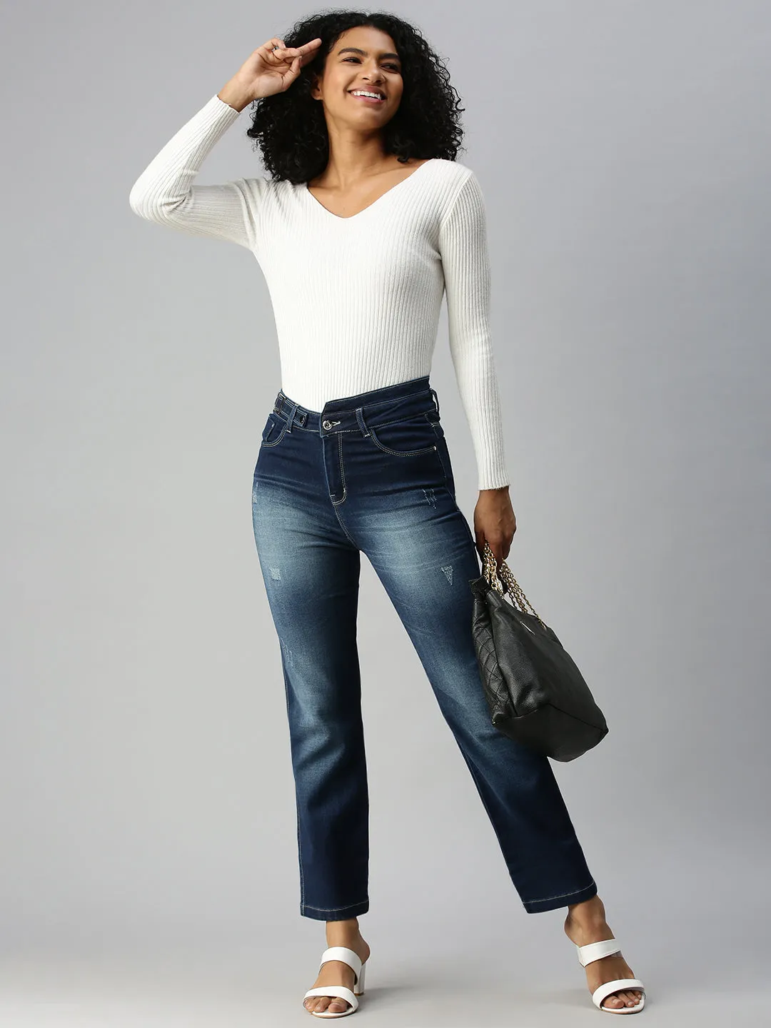 Soft Sustainable Women's Blue Straight Fit High-Rise Mildly Distressed Heavy Fade Stretchable Jeans