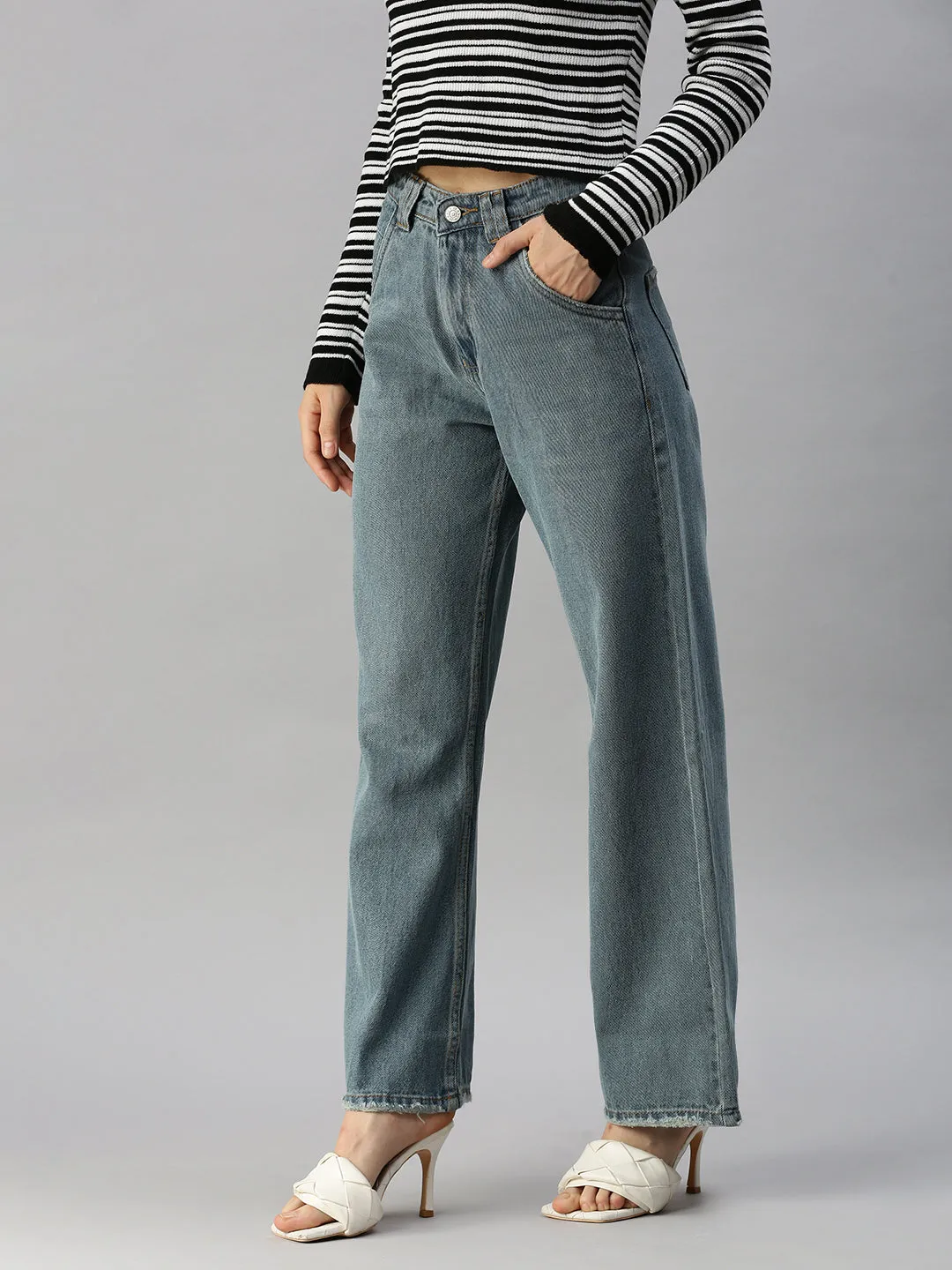 Layered Knee Panels Women's Blue Wide Leg High-Rise Denim Jeans