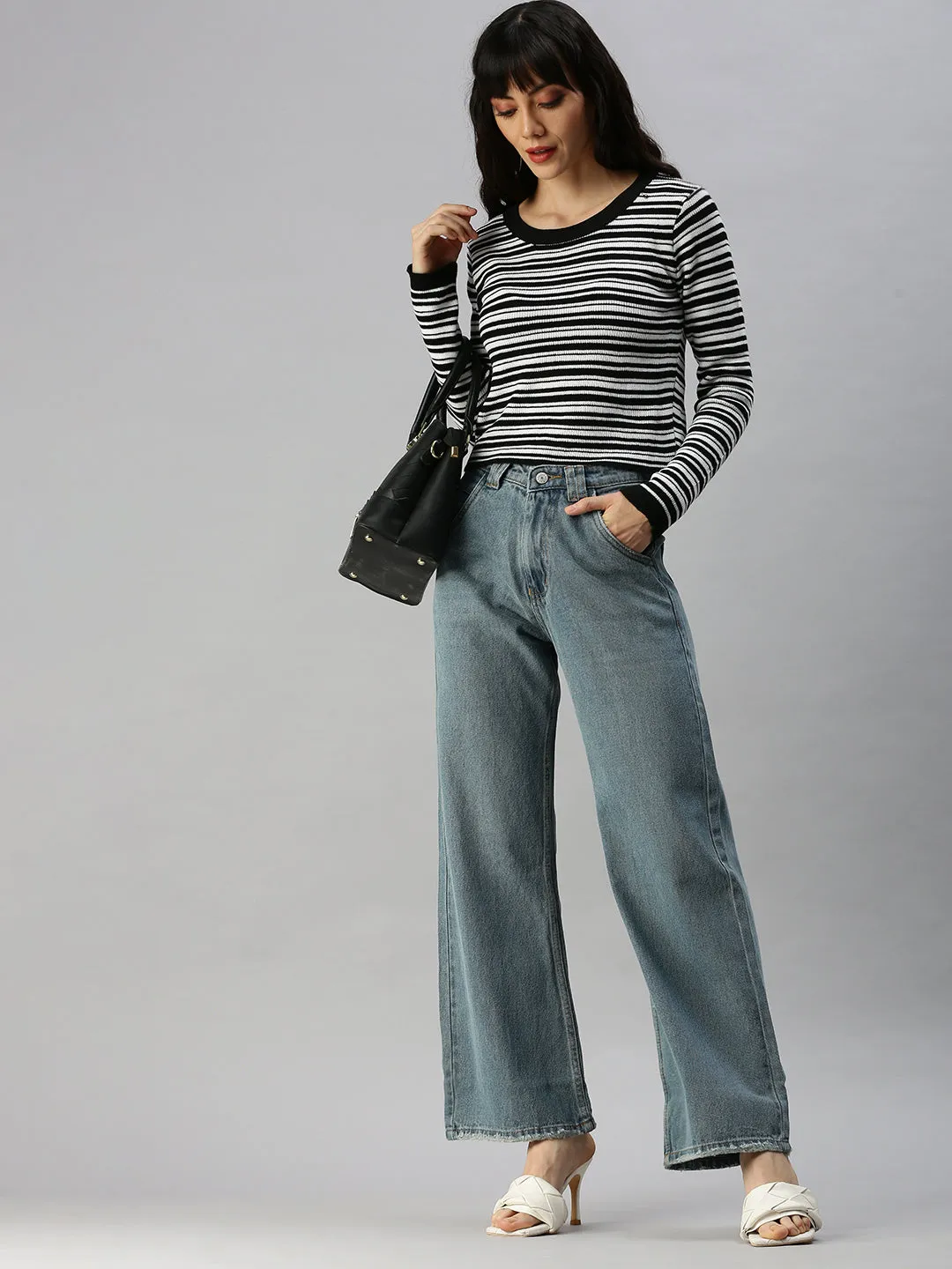 Fashionable Waist Compact Weave Technology Women's Blue Wide Leg High-Rise Denim Jeans