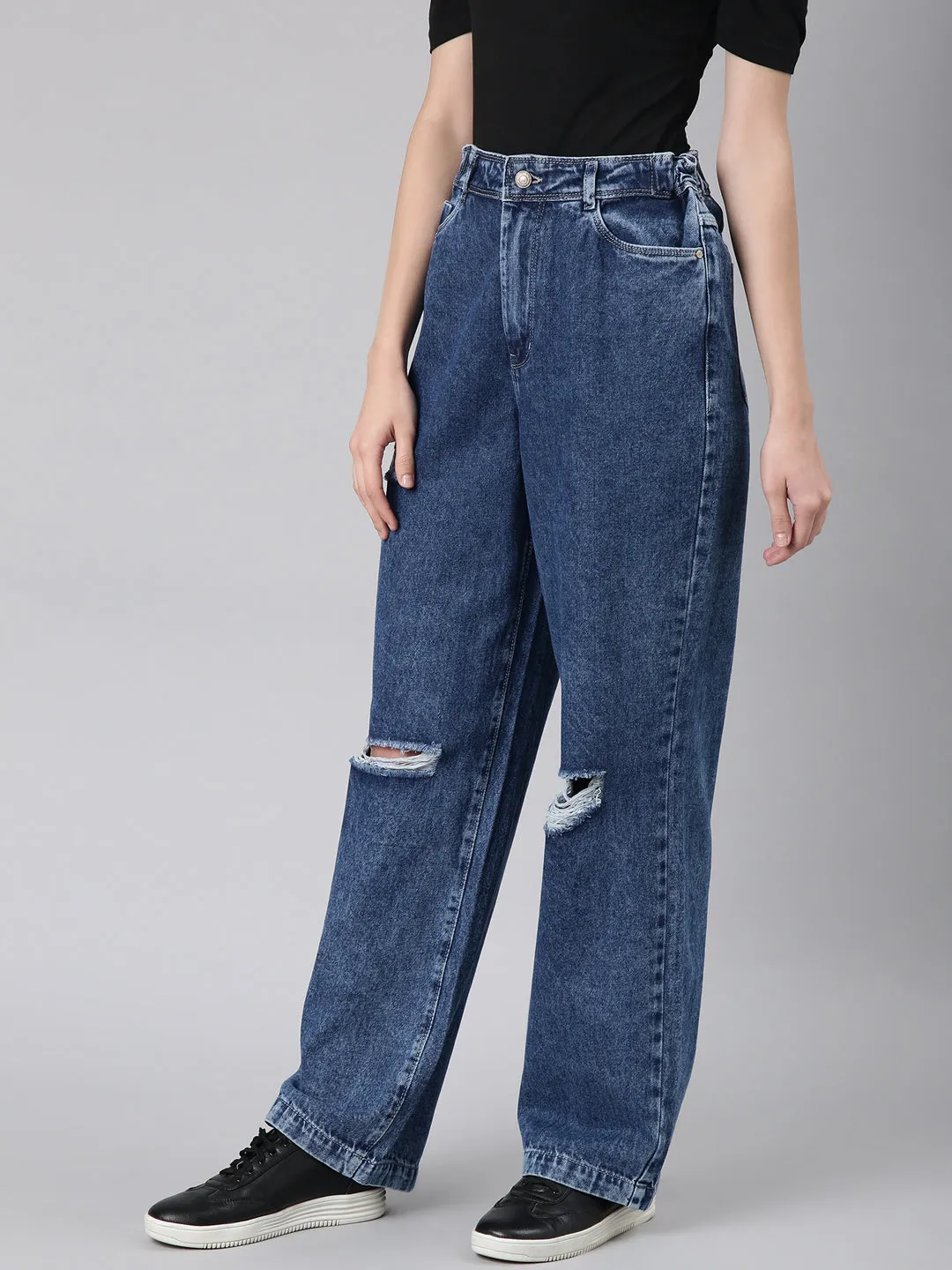 Women's Blue Slash Knee Stretchable Wide Leg Denim Jeans Subtle Detail Comfortable Appearance