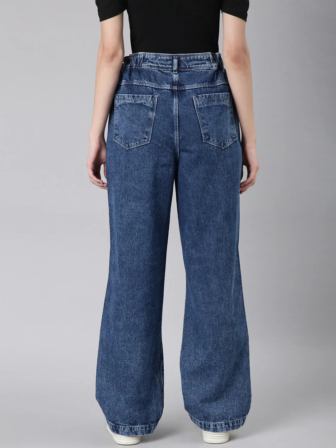 Women's Blue Slash Knee Stretchable Wide Leg Denim Jeans Youth Outfit