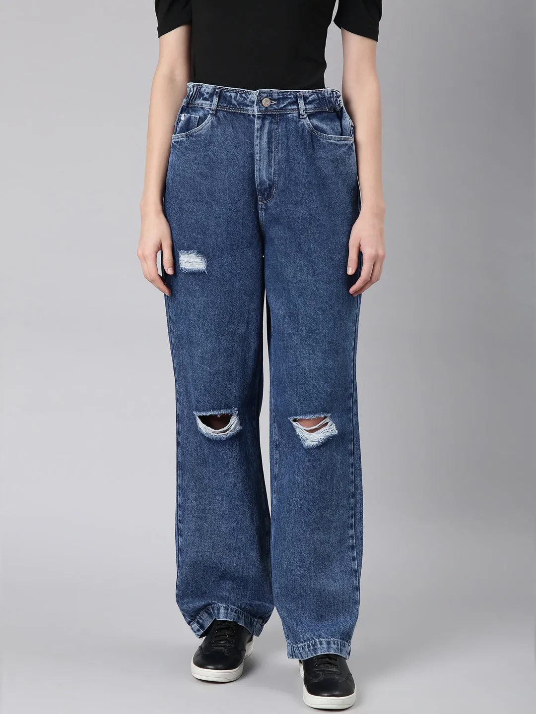 Women's Blue Slash Knee Stretchable Wide Leg Denim Jeans Stylish Choice Chill Outfit