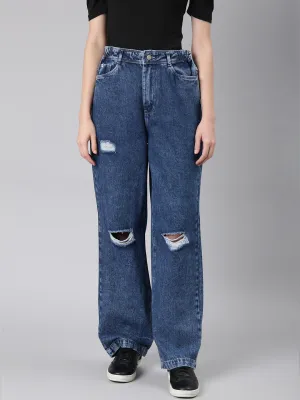Women's Blue Slash Knee Stretchable Wide Leg Denim Jeans Stylish Choice Chill Outfit