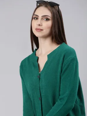Weekend Classic Ventilated Mesh Panel Women's Green Ribbed Cardigan